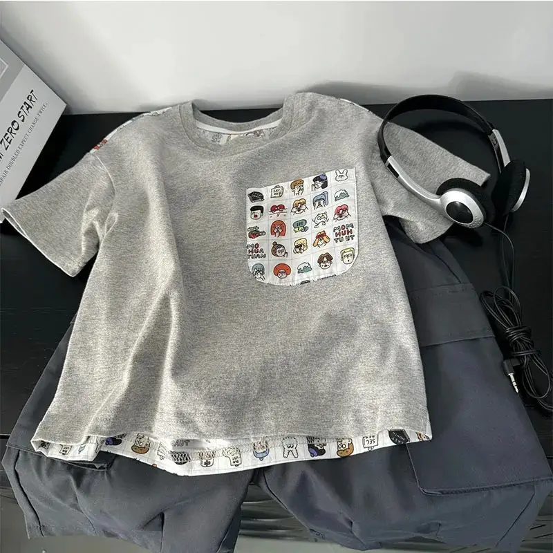 Kids Cartoon Printed Cotton T-Shirt Grey 2025 Summer - Image 3