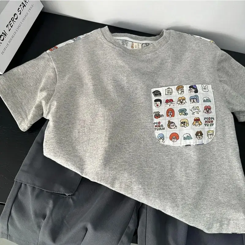 Kids Cartoon Printed Cotton T-Shirt Grey 2025 Summer - Image 4