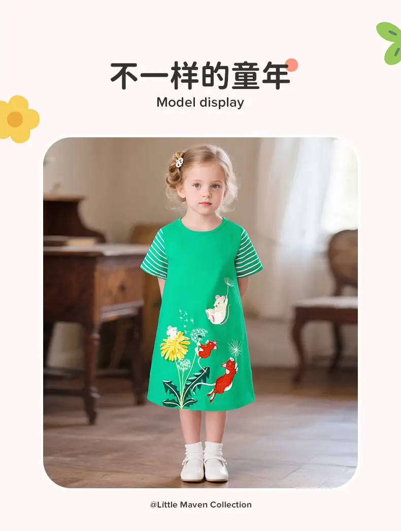 Girls Green Floral Short Sleeve Summer Dress — feature 5