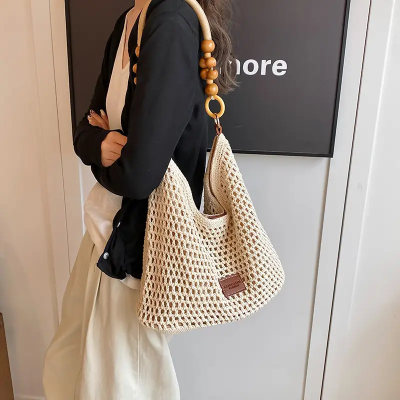 Women's Hollow Knit Beach Bag Large Capacity Wooden Handle