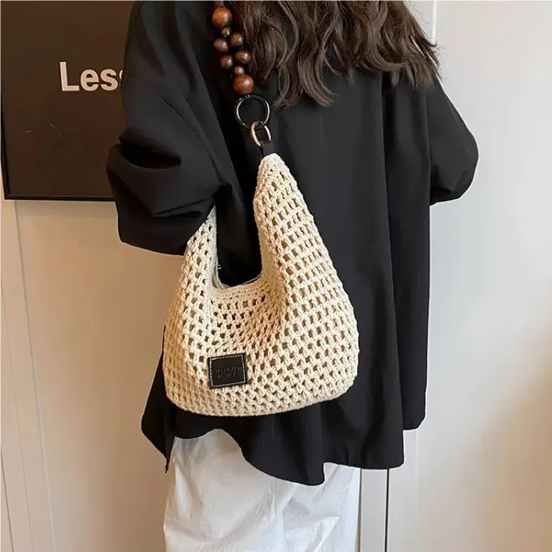 Women's Hollow Knit Beach Bag Large Capacity Wooden Handle