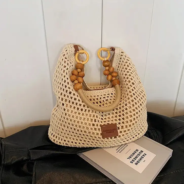 Women's Hollow Knit Beach Bag Large Capacity Wooden Handle