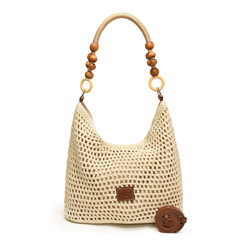 Women's Hollow Knit Beach Bag Large Capacity Wooden Handle