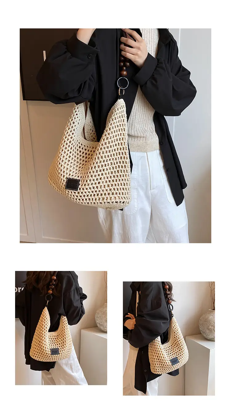 Women's Hollow Knit Beach Bag Large Capacity Wooden Handle — feature 12