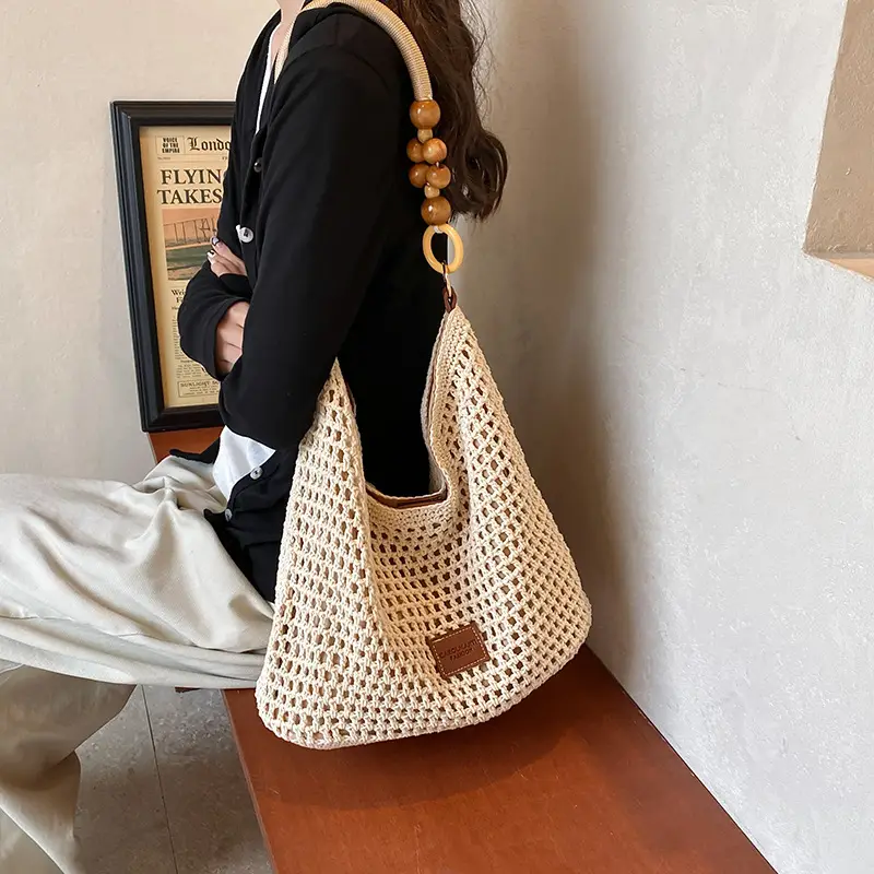 Women's Hollow Knit Beach Bag Large Capacity Wooden Handle — feature 14