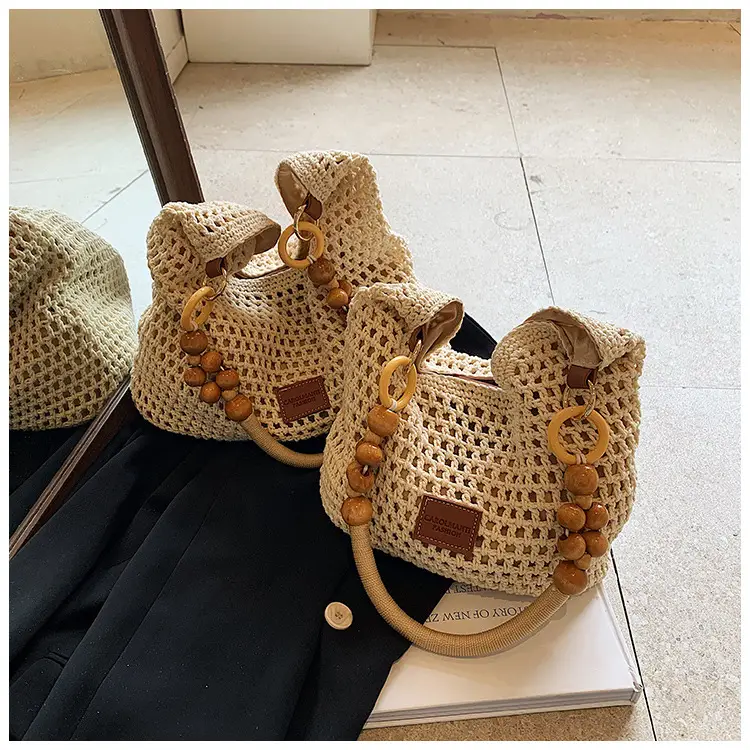 Women's Hollow Knit Beach Bag Large Capacity Wooden Handle — feature 15