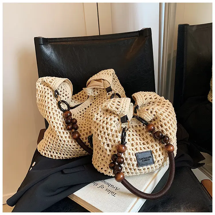 Women's Hollow Knit Beach Bag Large Capacity Wooden Handle — feature 16