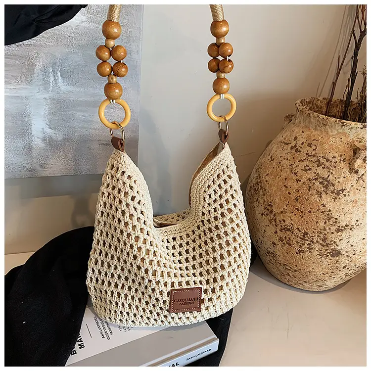 Women's Hollow Knit Beach Bag Large Capacity Wooden Handle — feature 17
