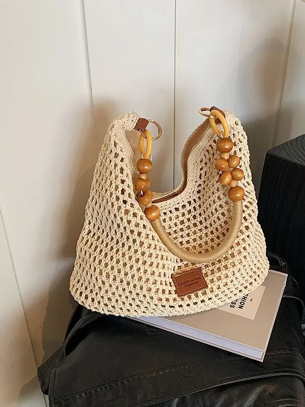 Women's Hollow Knit Beach Bag Large Capacity Wooden Handle — feature 19