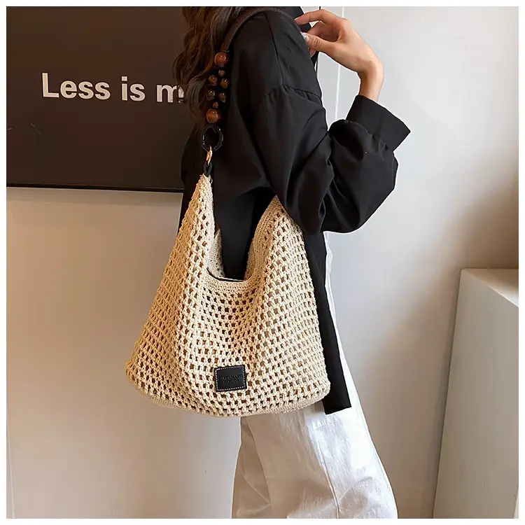 Women's Hollow Knit Beach Bag Large Capacity Wooden Handle — feature 20