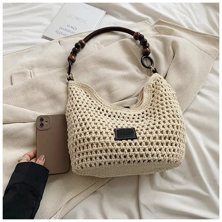 Women's Hollow Knit Beach Bag Large Capacity Wooden Handle — feature 23
