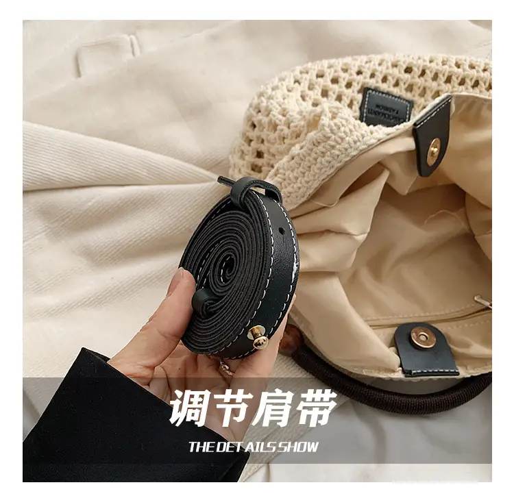 Women's Hollow Knit Beach Bag Large Capacity Wooden Handle — feature 5