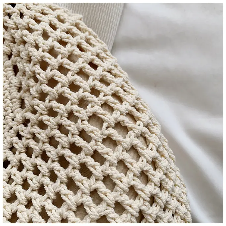 Women's Hollow Knit Beach Bag Large Capacity Wooden Handle — feature 6