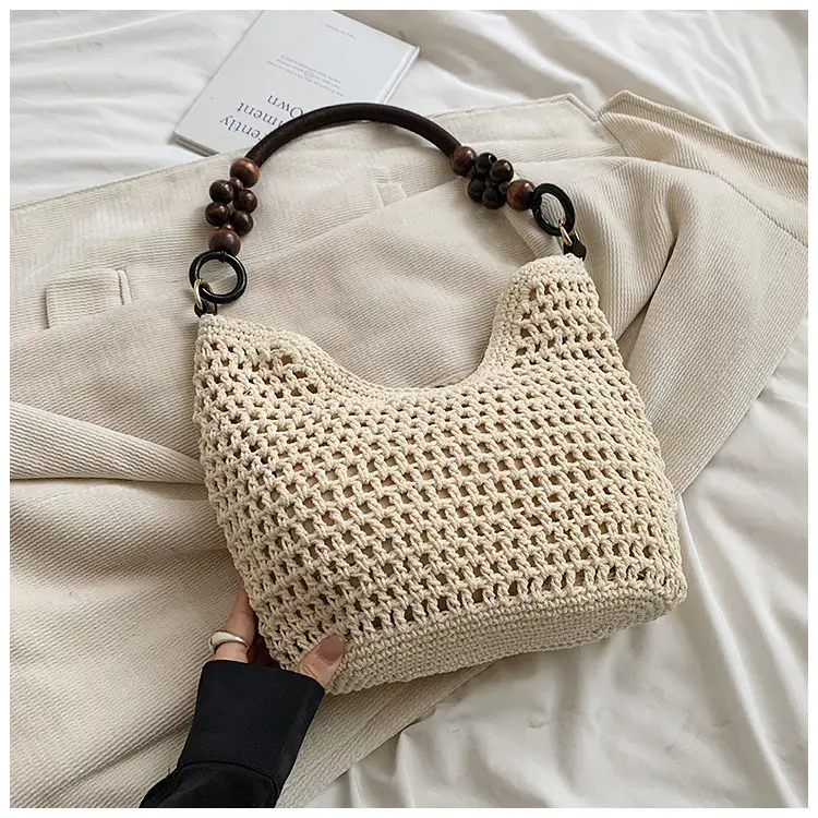 Women's Hollow Knit Beach Bag Large Capacity Wooden Handle — feature 8