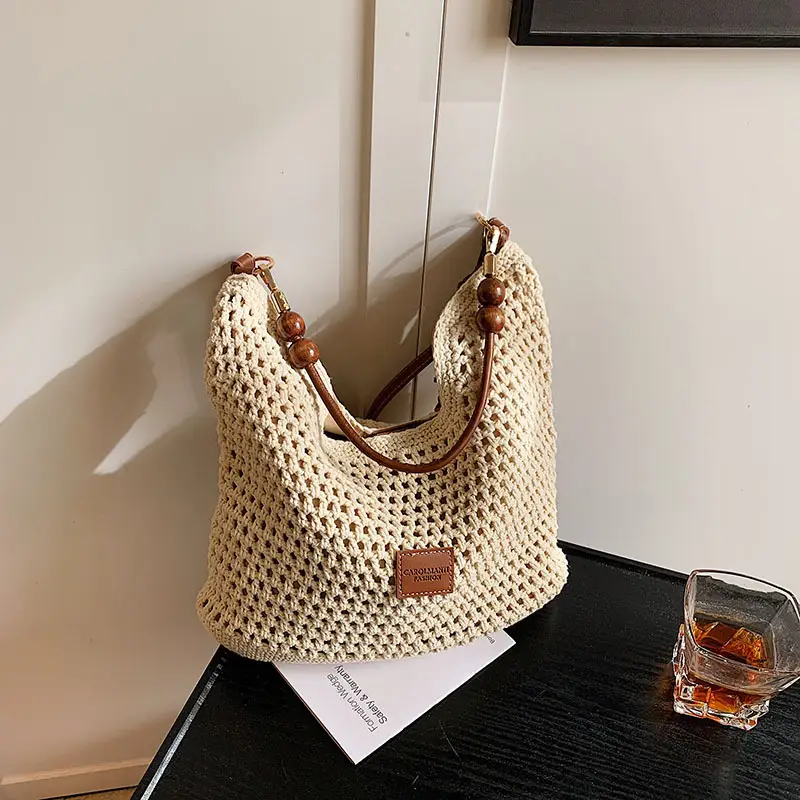 Women's Hollow Knit Beach Bag Large Capacity Wooden Handle