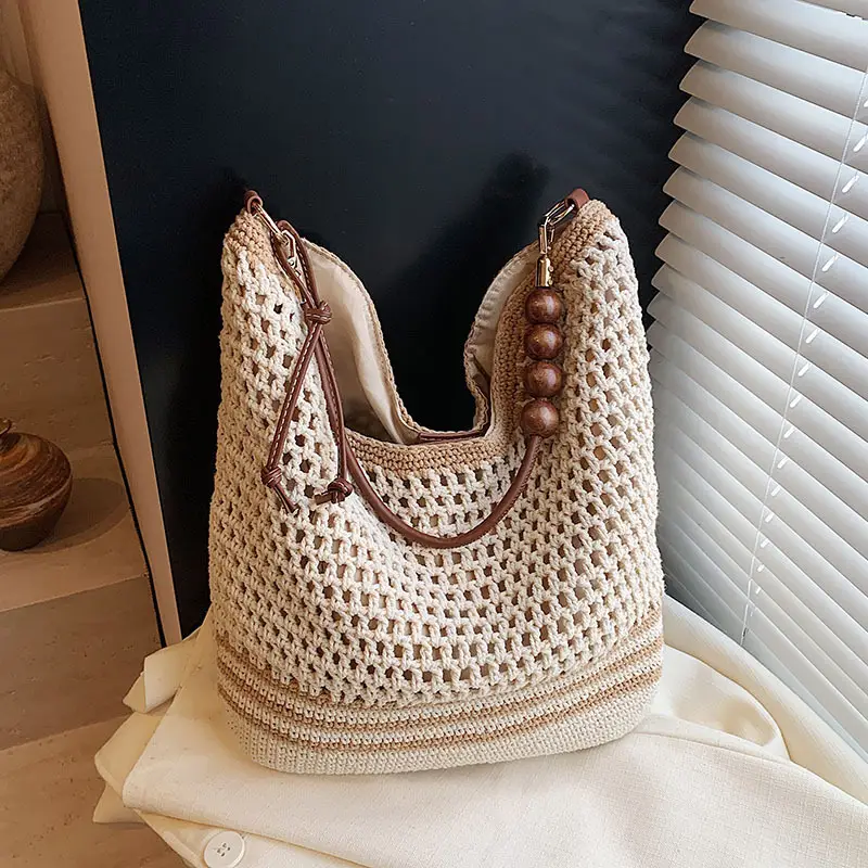 Women's Hollow Knit Beach Bag Large Capacity Wooden Handle