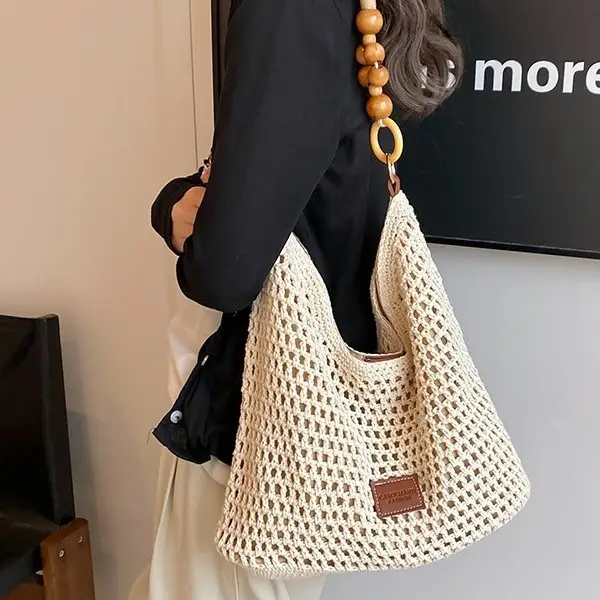 Women's Hollow Knit Beach Bag Large Capacity Wooden Handle