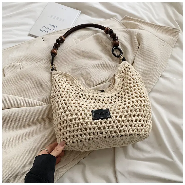 Women's Hollow Knit Beach Bag Large Capacity Wooden Handle