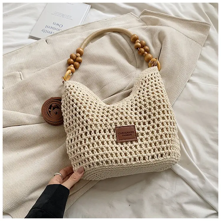 Women's Hollow Knit Beach Bag Large Capacity Wooden Handle