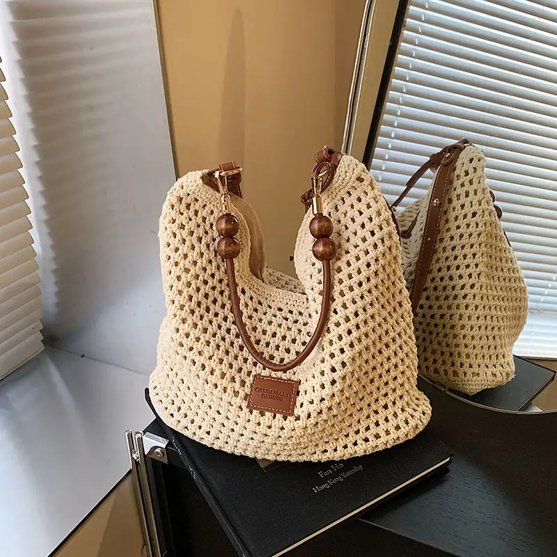 Women's Hollow Knit Beach Bag Large Capacity Wooden Handle