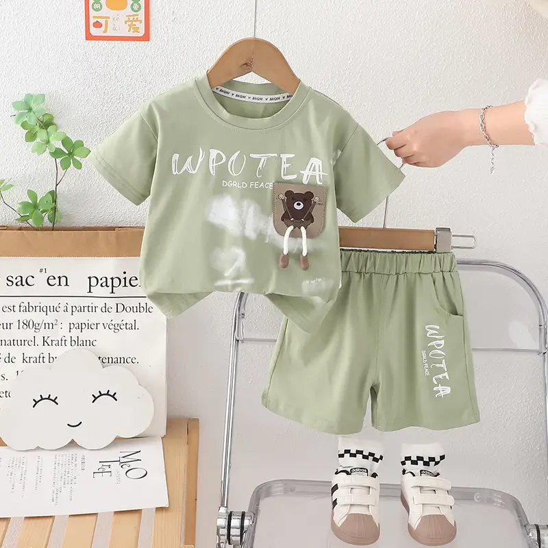 Children's Cartoon Print Cotton Shorts Set Brown - Image 2
