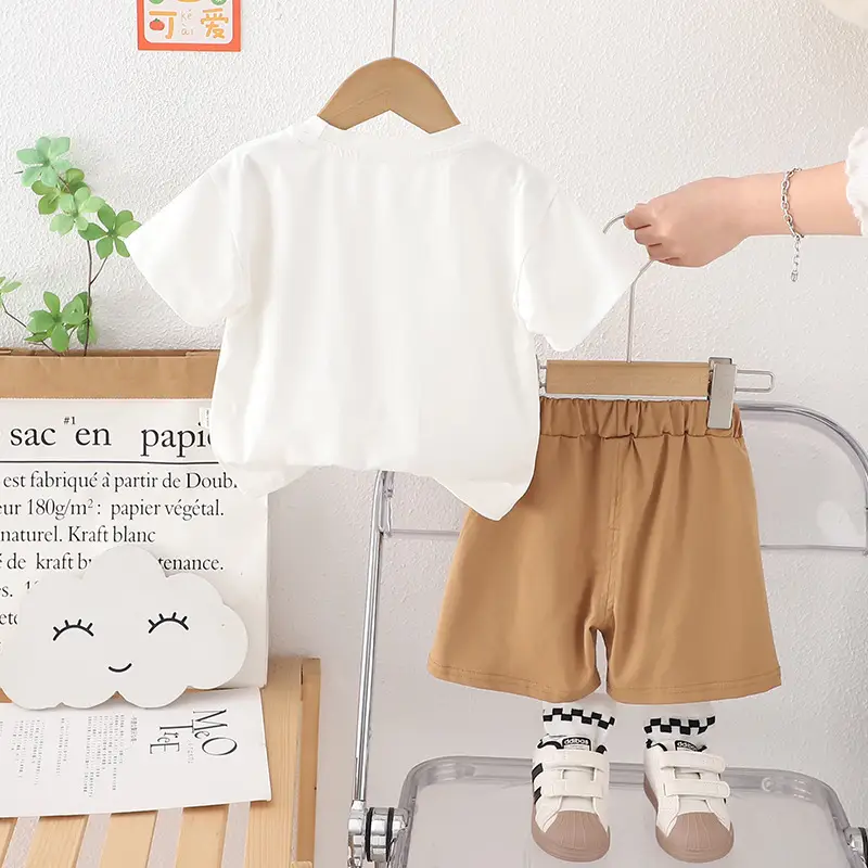 Children's Cartoon Print Cotton Shorts Set Brown - Image 5