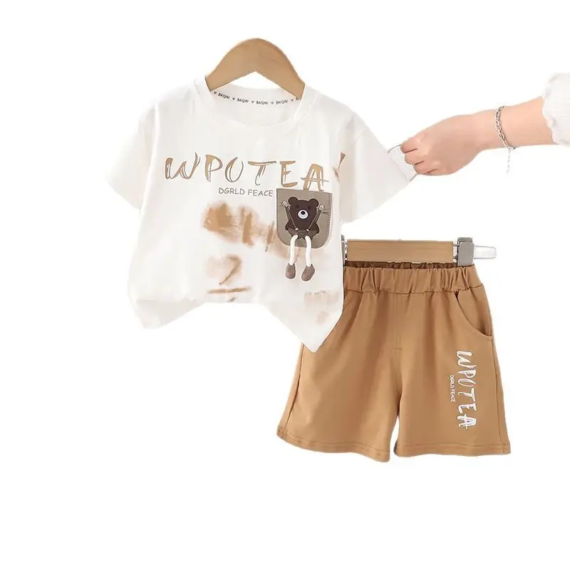 Children's Cartoon Print Cotton Shorts Set Brown - Image 6
