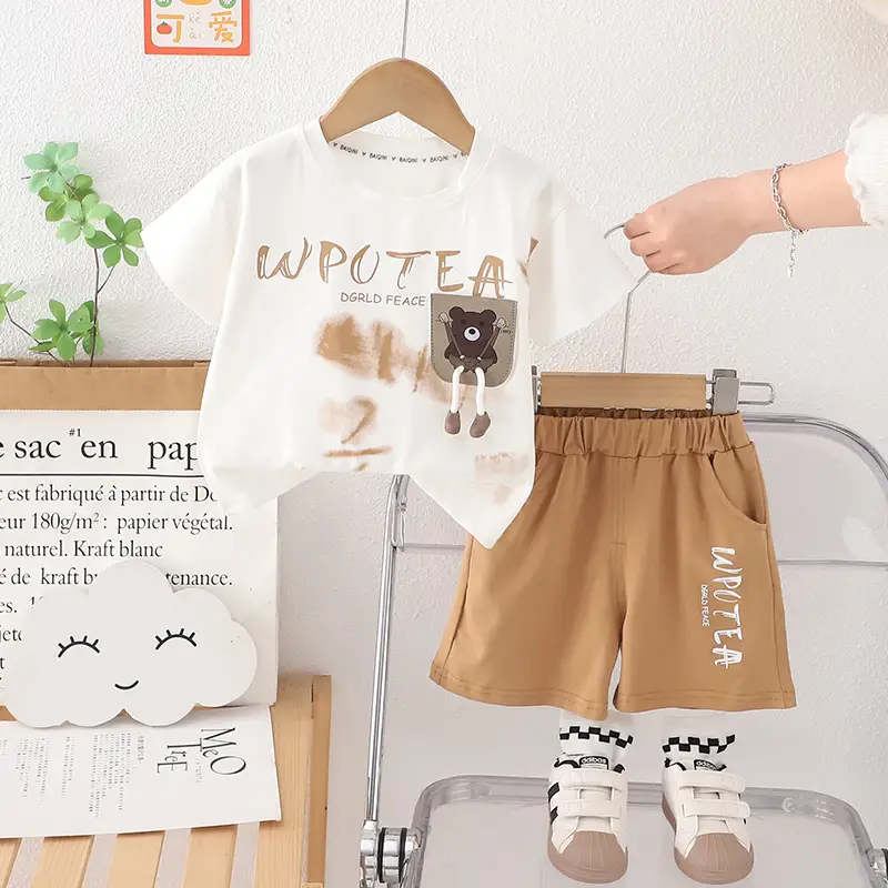 Children's Cartoon Print Cotton Shorts Set Brown - Image 3