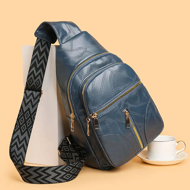 Black Quilted Women's Chest Bag with Geometric Strap - Image 9