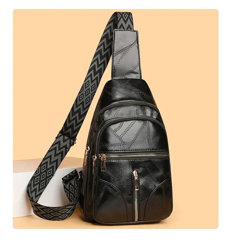 Black Quilted Women's Chest Bag with Geometric Strap — feature 15