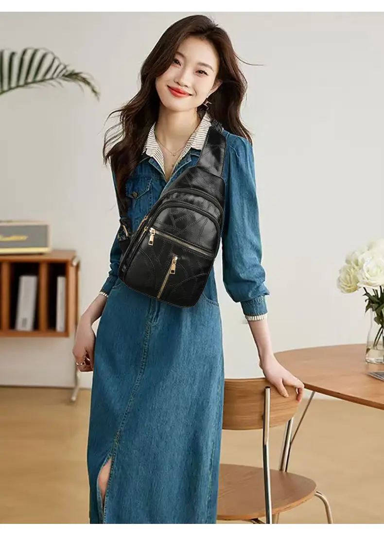 Black Quilted Women's Chest Bag with Geometric Strap — feature 20
