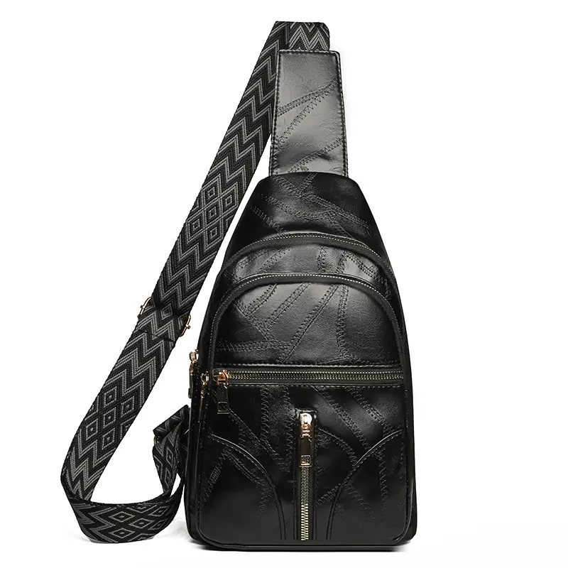 Black Quilted Women's Chest Bag with Geometric Strap - Image 2
