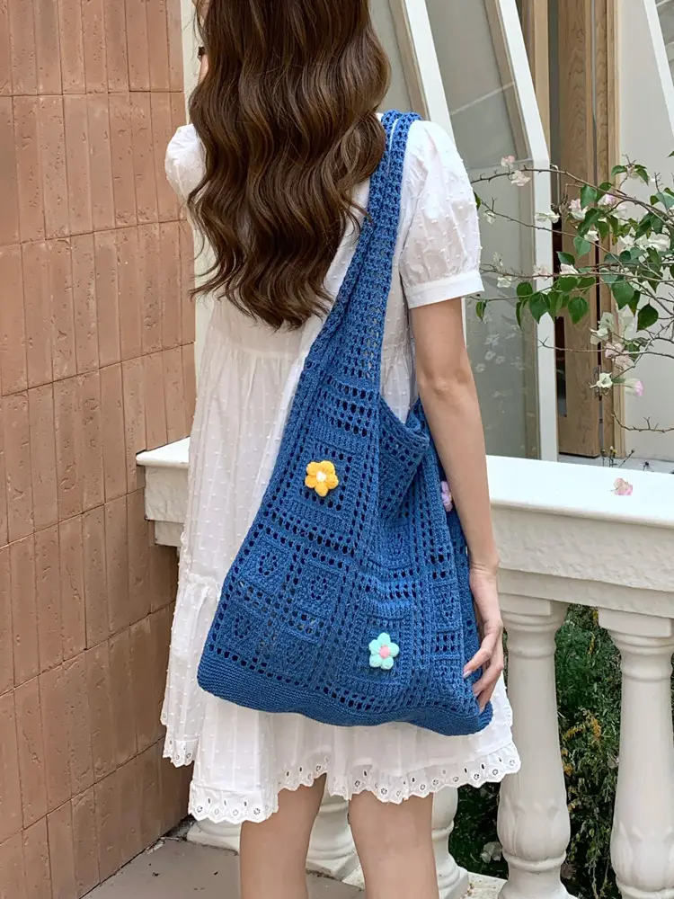 Blue Hollow Knitted Shoulder Bag for Women - Image 11
