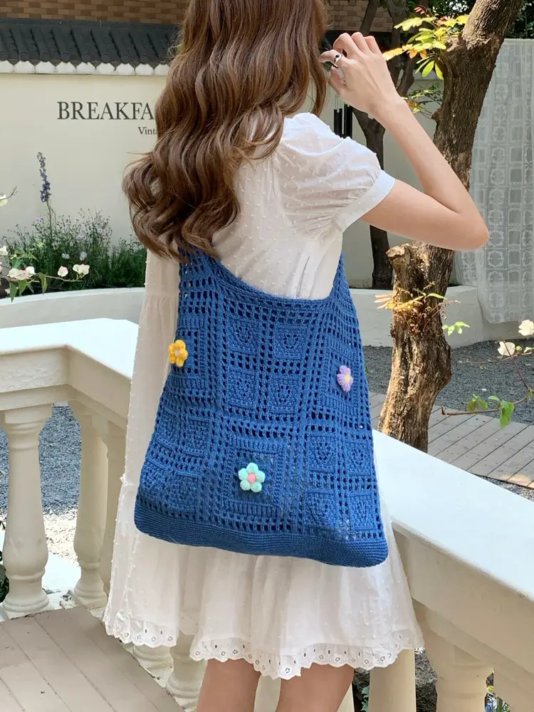 Blue Hollow Knitted Shoulder Bag for Women - Image 12