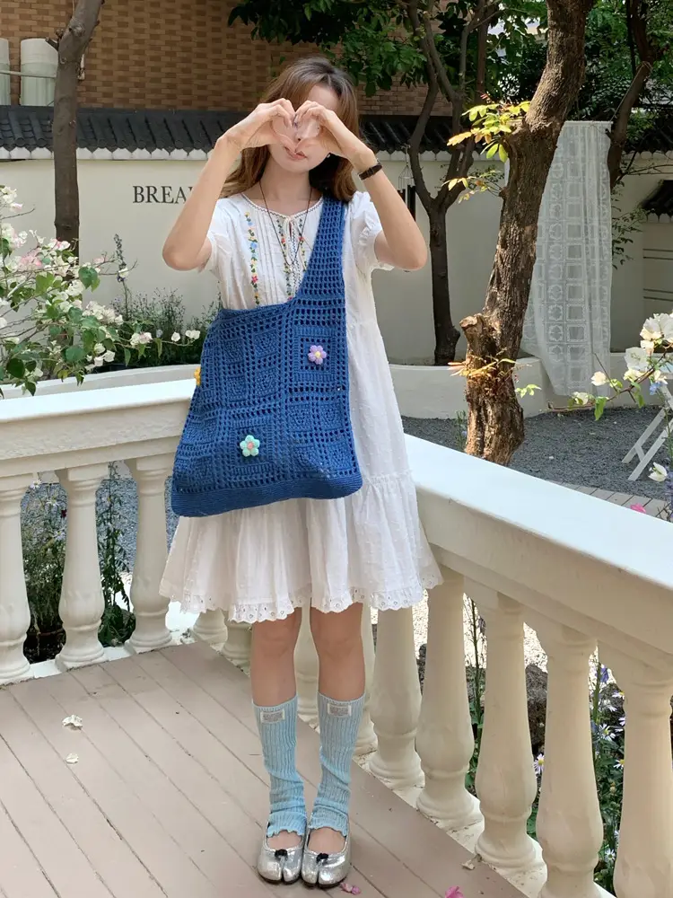 Blue Hollow Knitted Shoulder Bag for Women - Image 13
