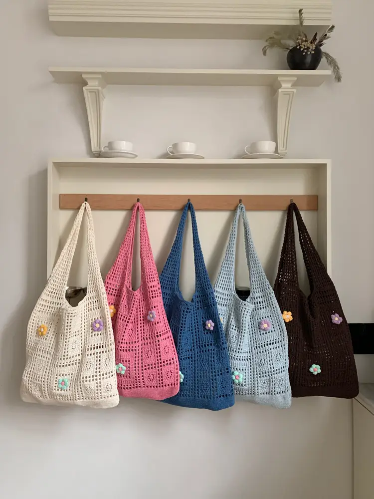 Blue Hollow Knitted Shoulder Bag for Women - Image 14