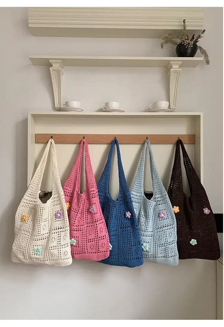 Blue Hollow Knitted Shoulder Bag for Women — feature 10