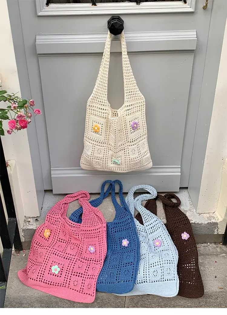 Blue Hollow Knitted Shoulder Bag for Women — feature 11