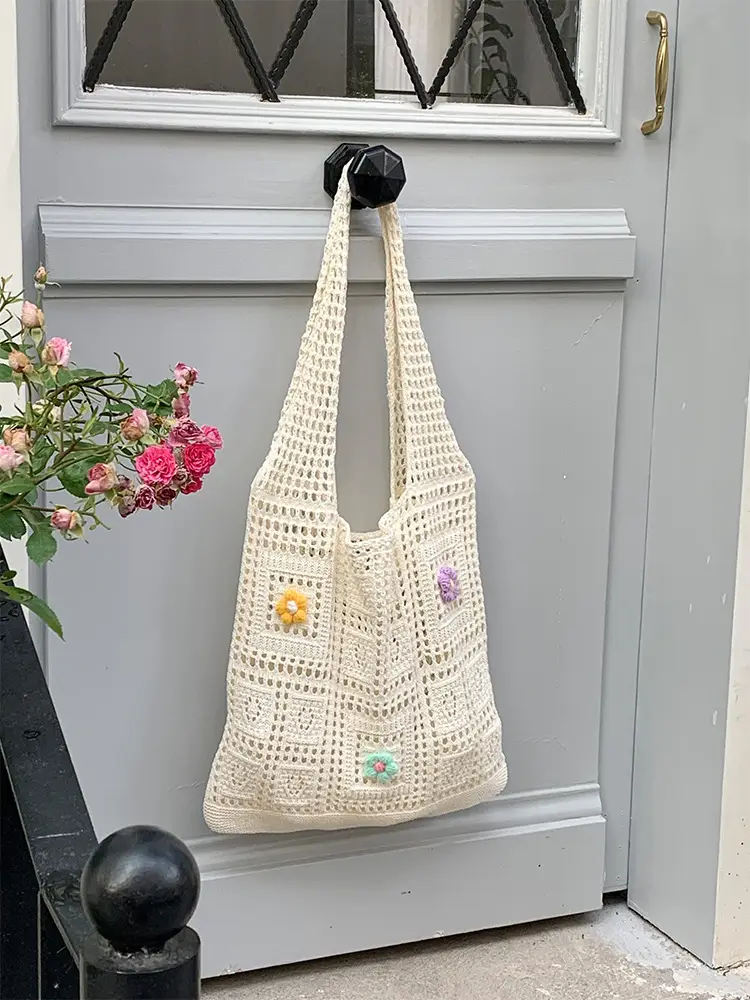 Blue Hollow Knitted Shoulder Bag for Women — feature 12