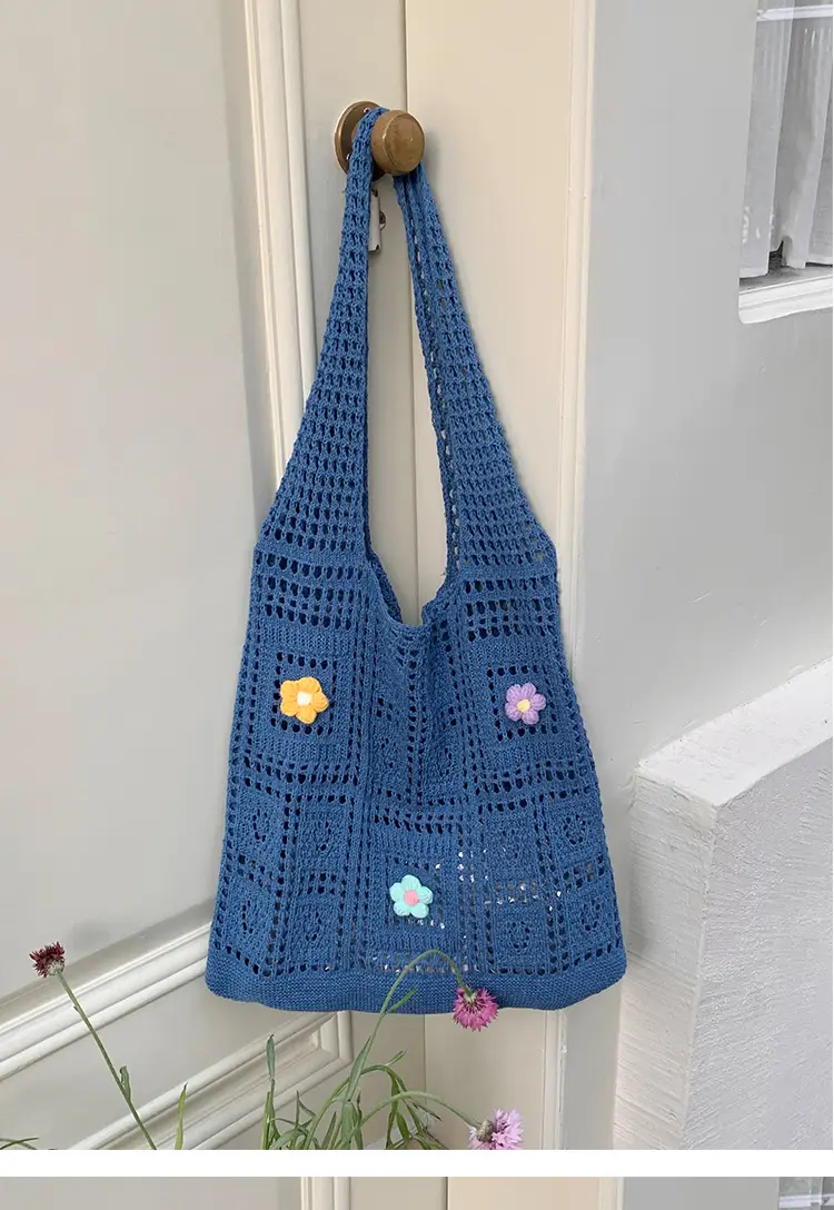 Blue Hollow Knitted Shoulder Bag for Women — feature 14