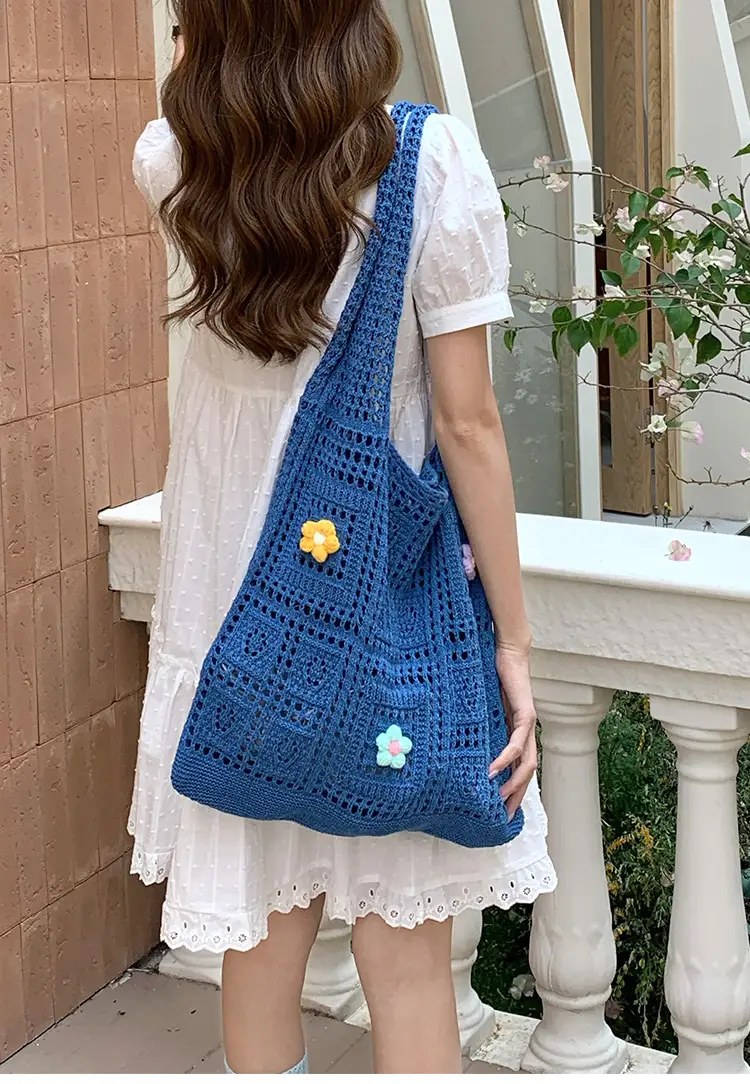 Blue Hollow Knitted Shoulder Bag for Women — feature 6