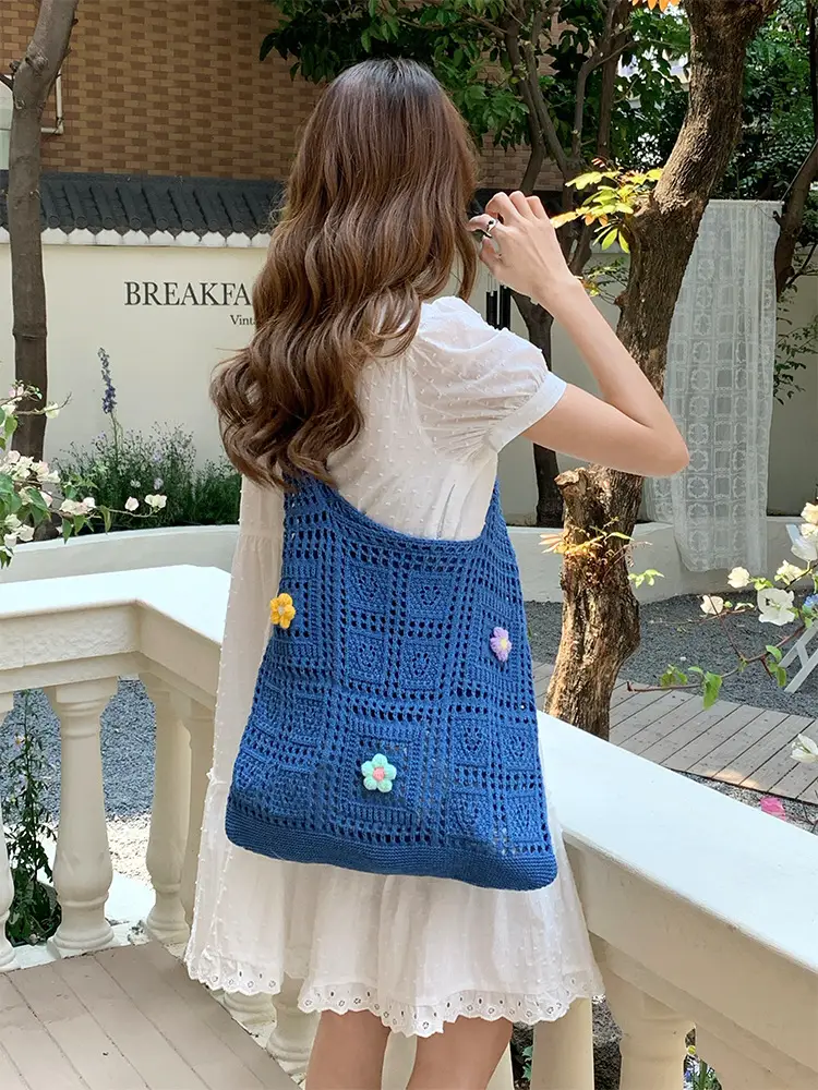 Blue Hollow Knitted Shoulder Bag for Women — feature 7
