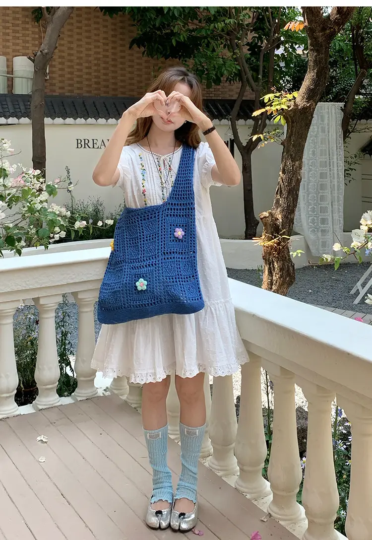 Blue Hollow Knitted Shoulder Bag for Women — feature 8
