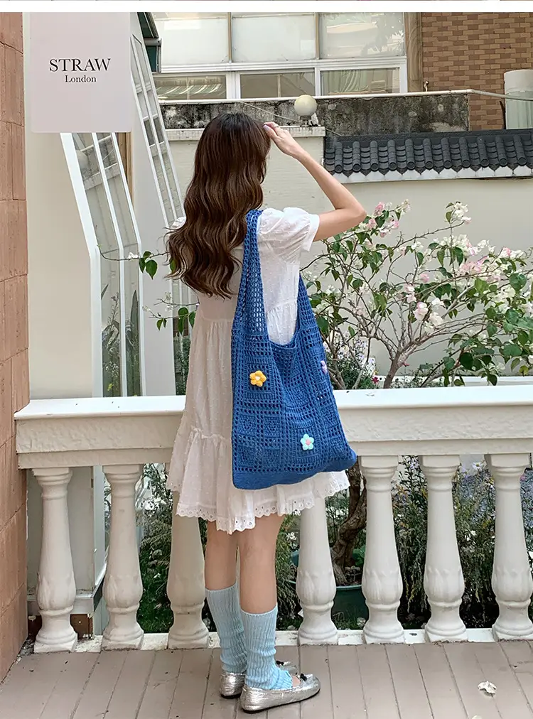 Blue Hollow Knitted Shoulder Bag for Women — feature 9