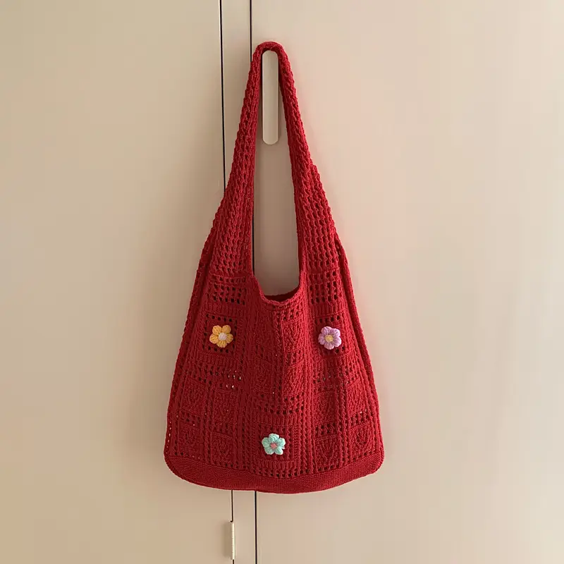 Blue Hollow Knitted Shoulder Bag for Women - Image 2