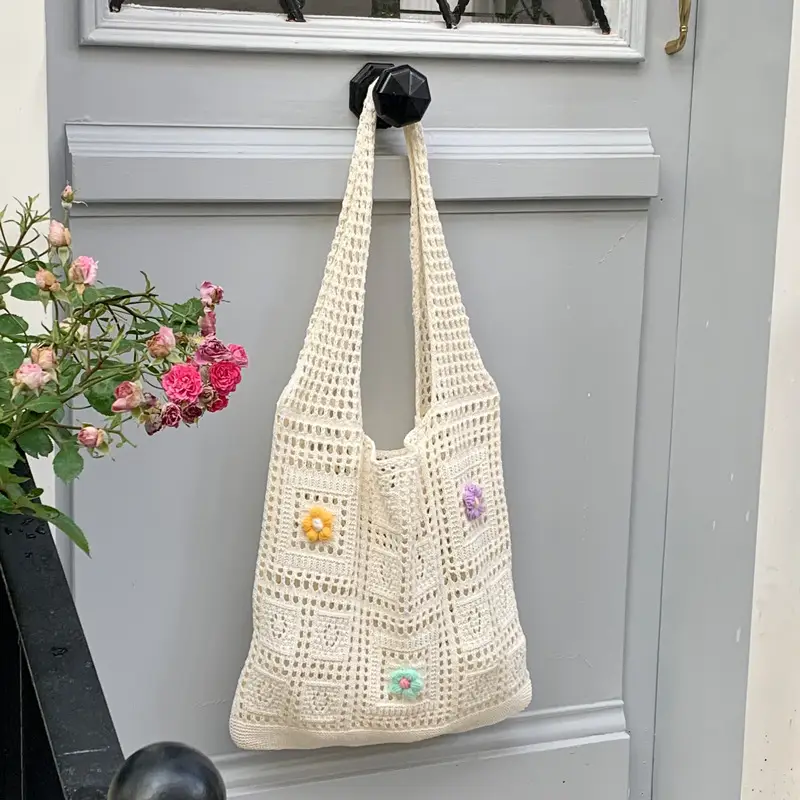 Blue Hollow Knitted Shoulder Bag for Women - Image 3