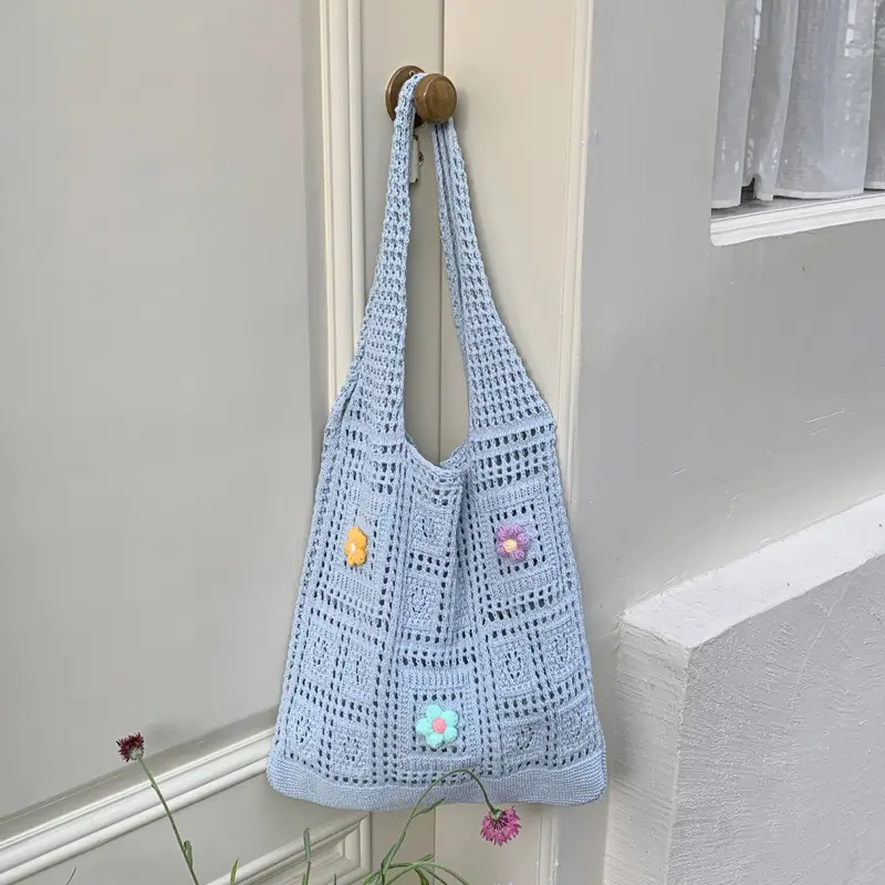 Blue Hollow Knitted Shoulder Bag for Women - Image 4