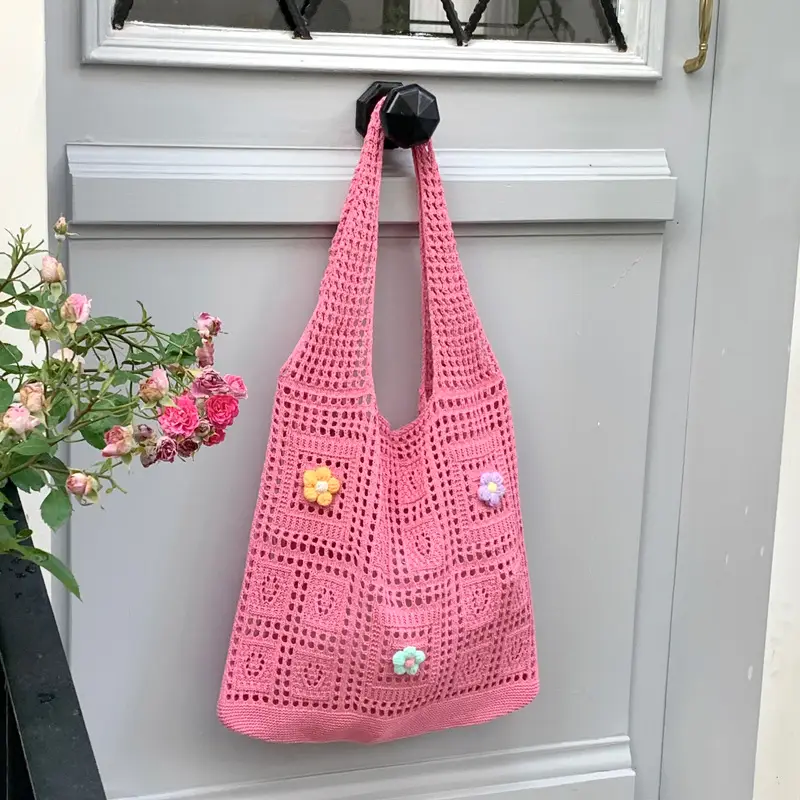 Blue Hollow Knitted Shoulder Bag for Women - Image 5
