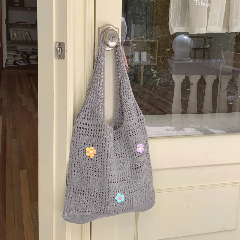Blue Hollow Knitted Shoulder Bag for Women - Image 8