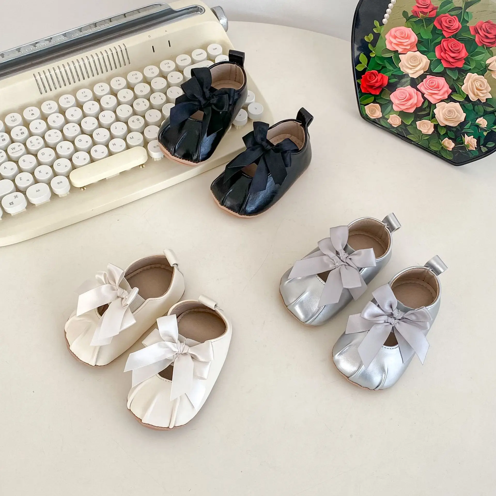 Silver Bow Baby Shoes for Toddler Girls